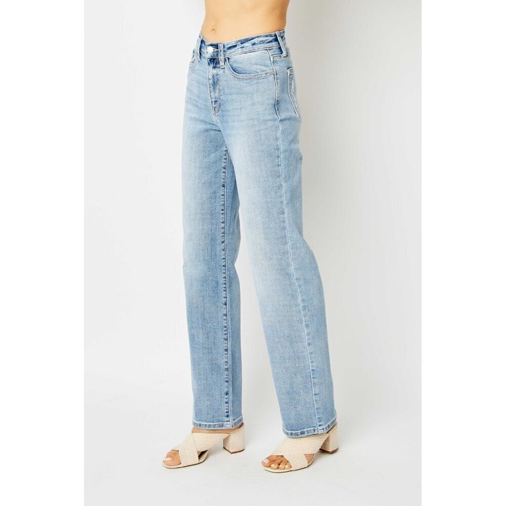 Women's High Waisted Straight Leg Jeans Cotton Blend Rips Flattering Fit - Picture 5 of 6